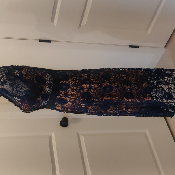 Few Moda NY hollow transparent cotton Elegant Navy Lace Black Trim Midi Dress - Picture 6 of 14